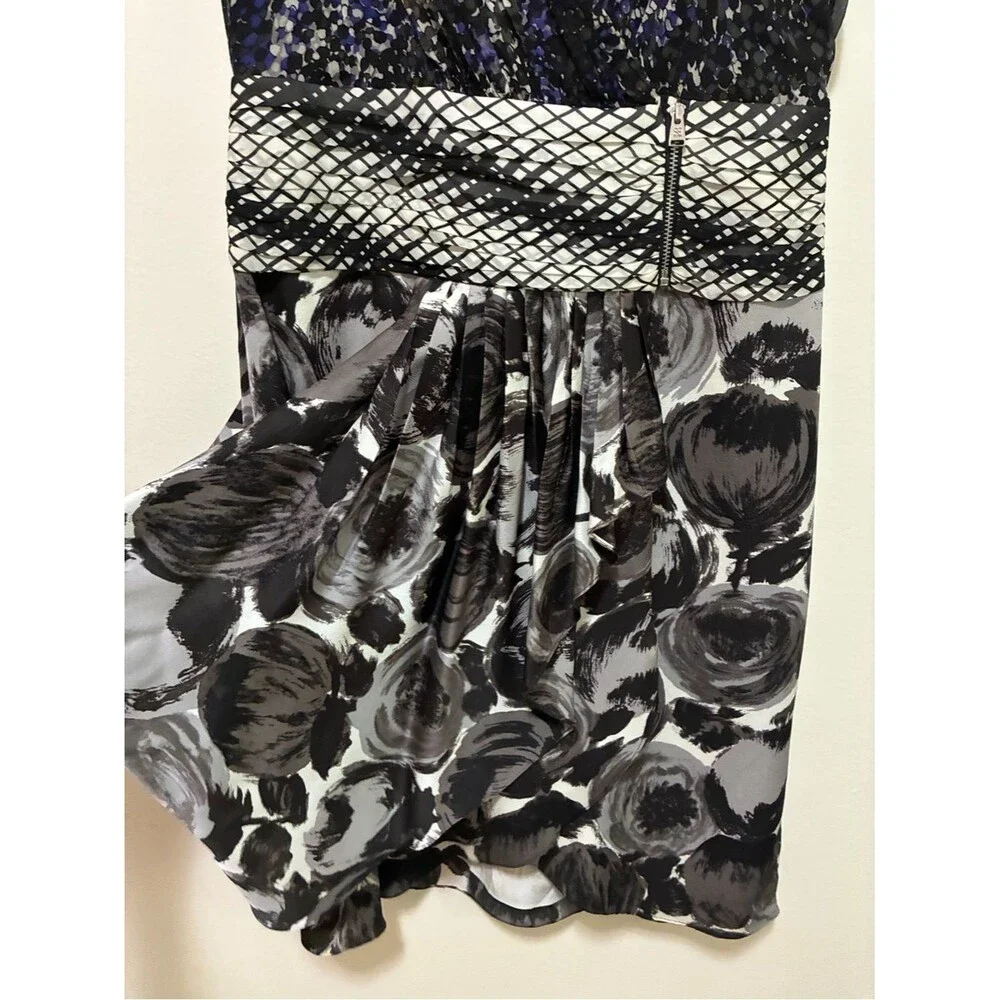 BCBG Maxazria Mixed-Print Black and Purple V-Neck Mini Silk Dress size 4